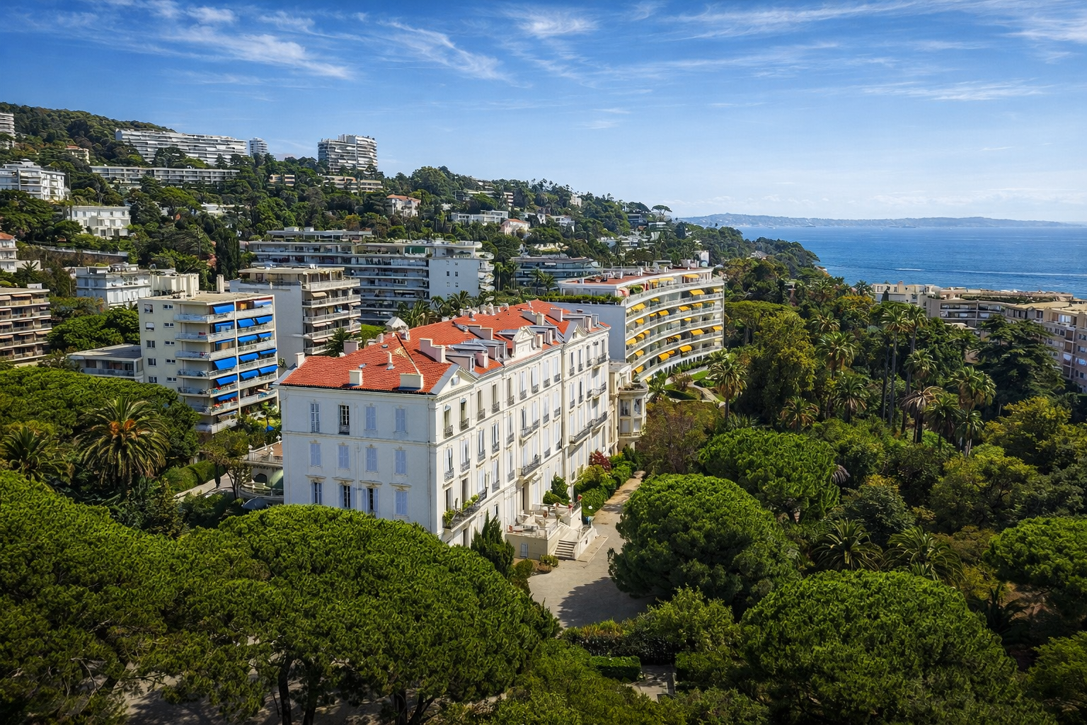Aerial view of Résidence des Pins today, surrounded by mature pine gardens