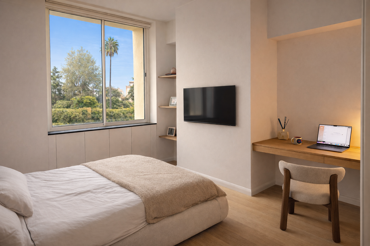 Guest bedroom with built-in desk, garden view, and wall-mounted television