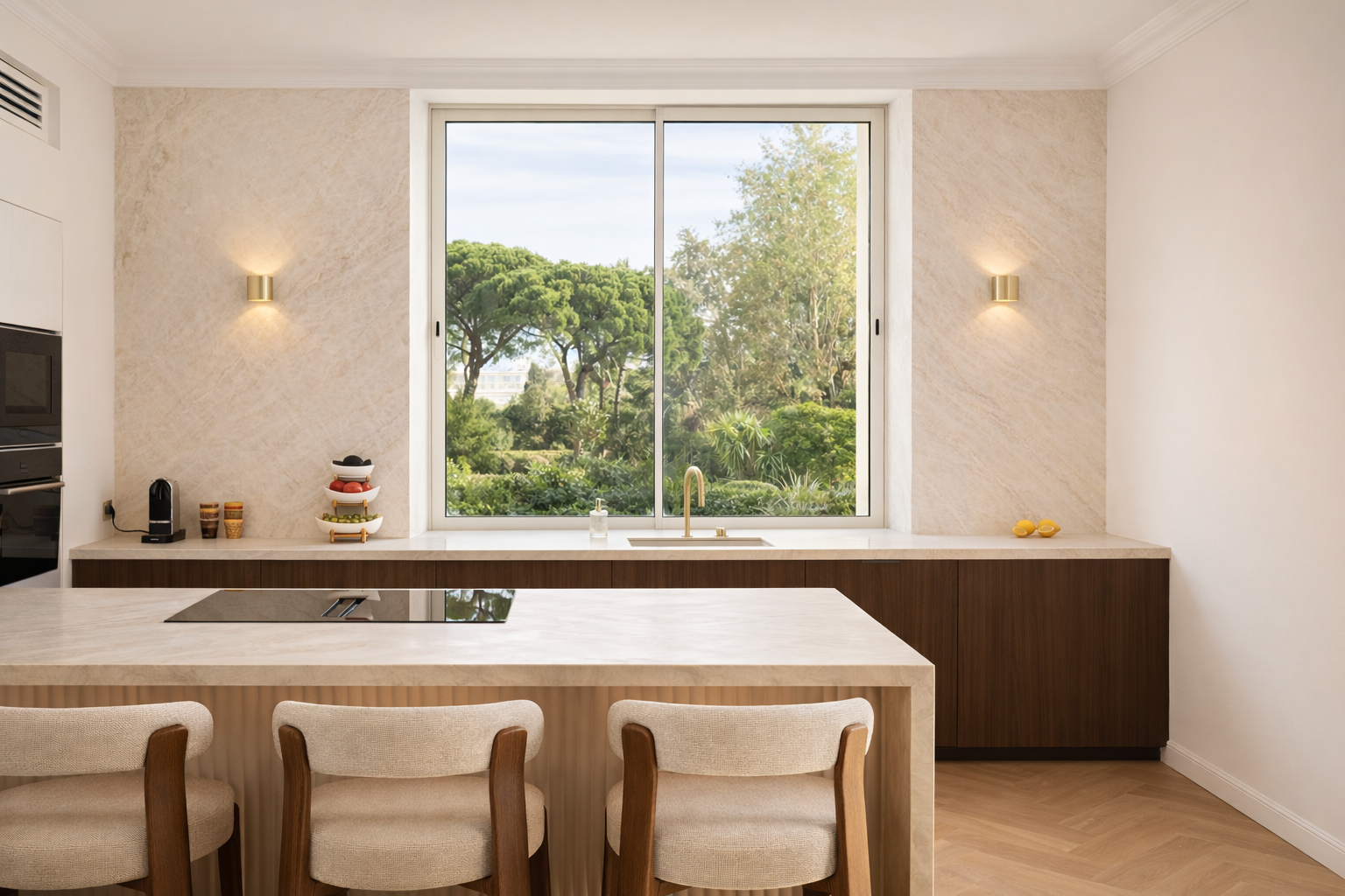 Kitchen island with oak cabinetry and garden view through the window
