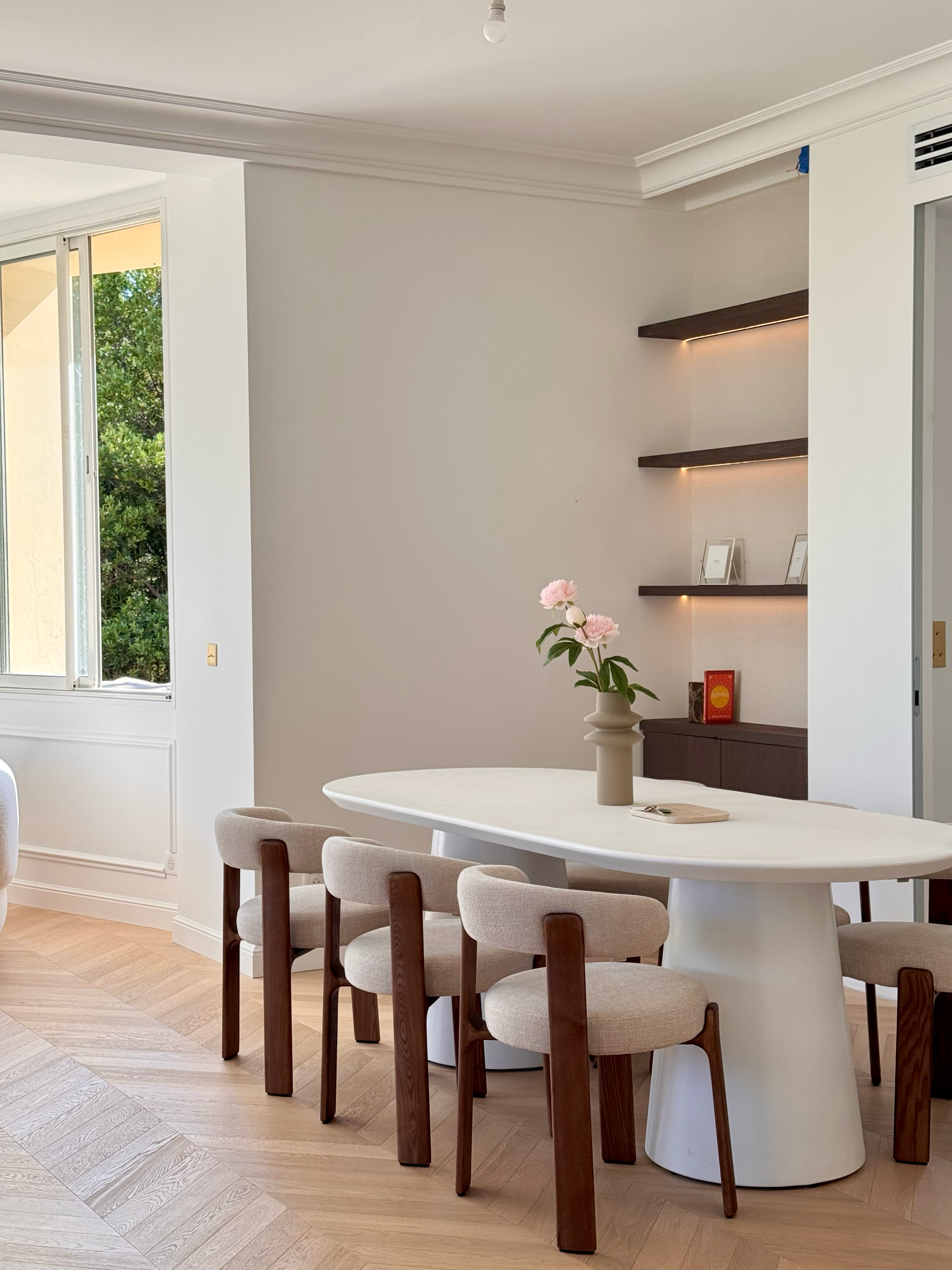 Living room detail with built-in shelving and curated objects