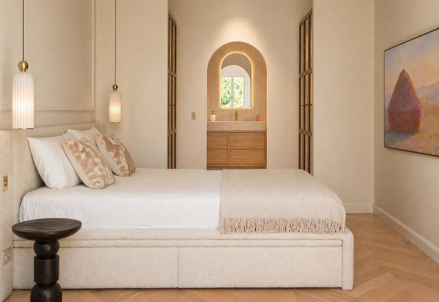 Master bedroom with private balcony and park view, soft morning light